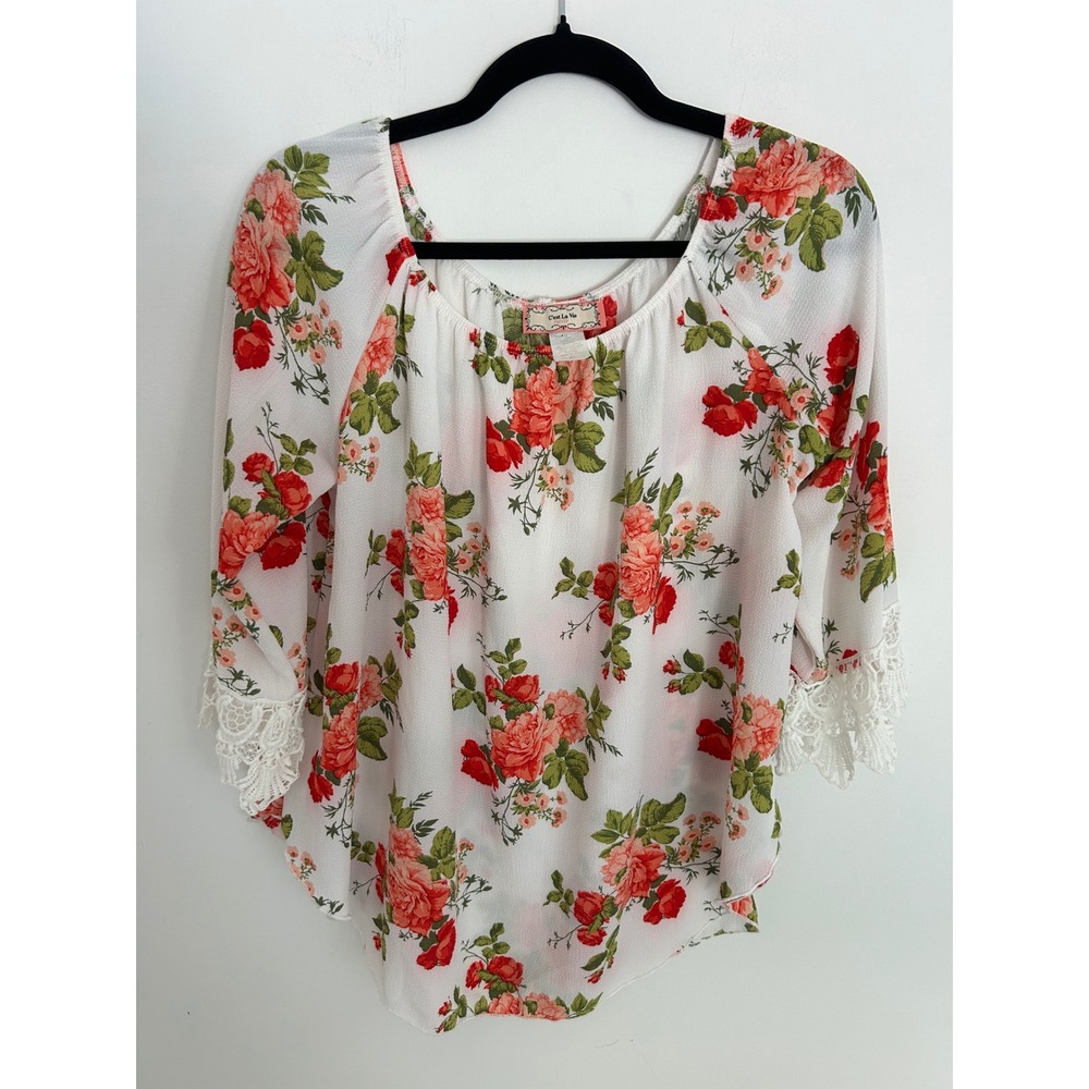 C'est La Vie Floral Lace Trim Blouse XL Red Pink Rose Scoop Neck W6374MN